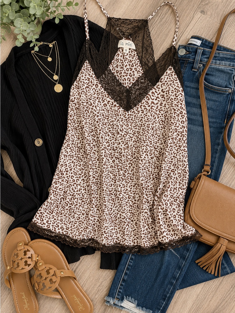 La Miel Leopard Print Lace Trim Cami Tank Top Size Small Boho
